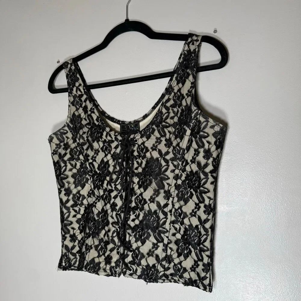 Vintage Y2K Eye Candy Black Lace Corset Tank – Y2K Gothic Lace-Up Top